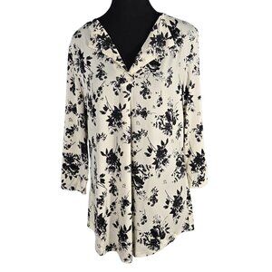 NWT | Cream and Black Floral Long Sleeve V-Neck Collared Blouse Top | XL